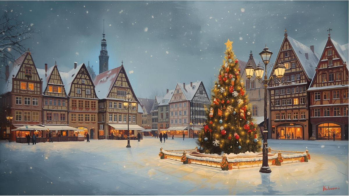 Snow-covered German town square suggesting early winter weather