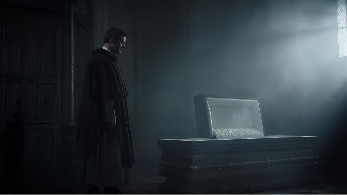 Catholic priest in Freising conducts Halloween-themed prayer service wearing a black cape