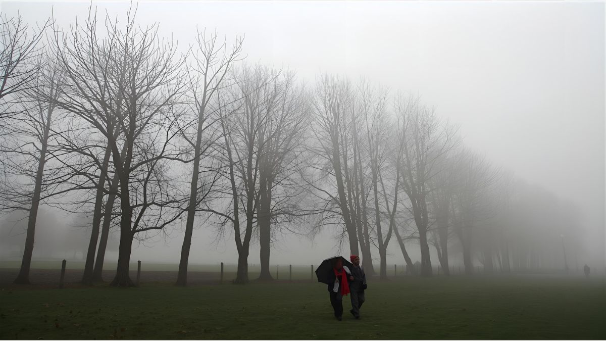 People walking through foggy streets in Germany as temperatures drop sharply