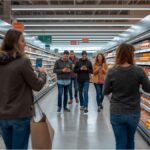 Shoppers using smartphones while selecting groceries in a German supermarket