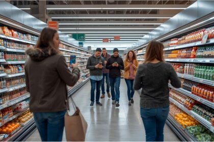 Shoppers using smartphones while selecting groceries in a German supermarket