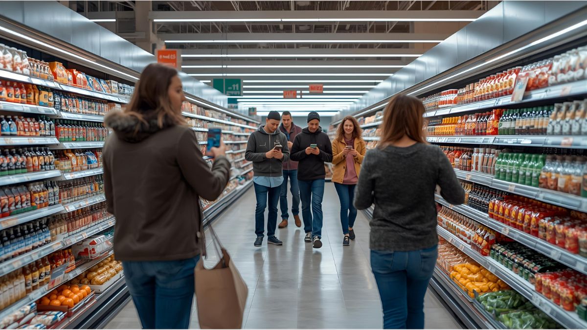 Shoppers using smartphones while selecting groceries in a German supermarket