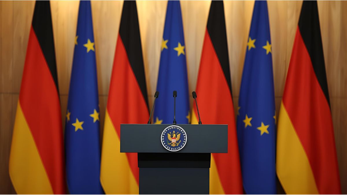 German government podium symbolizing discussions on Syria deportation policy