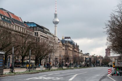 Aerial view of a busy German city road with cars and pedestrians highlighting traffic density.