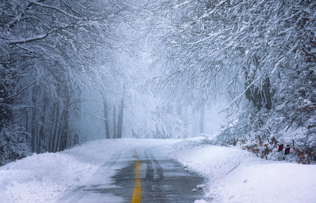 Frost-covered road in Germany during an early winter cold snap with DWD warnings.