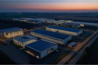 Concept image of a data centre with solar panels and cooling systems symbolising Google’s planned German investment.