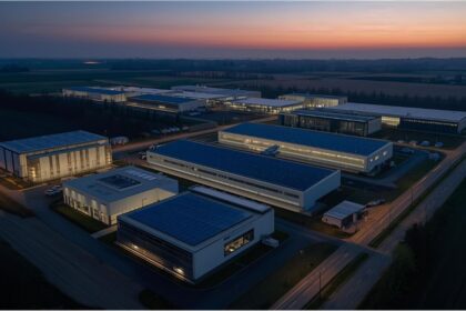 Concept image of a data centre with solar panels and cooling systems symbolising Google’s planned German investment.