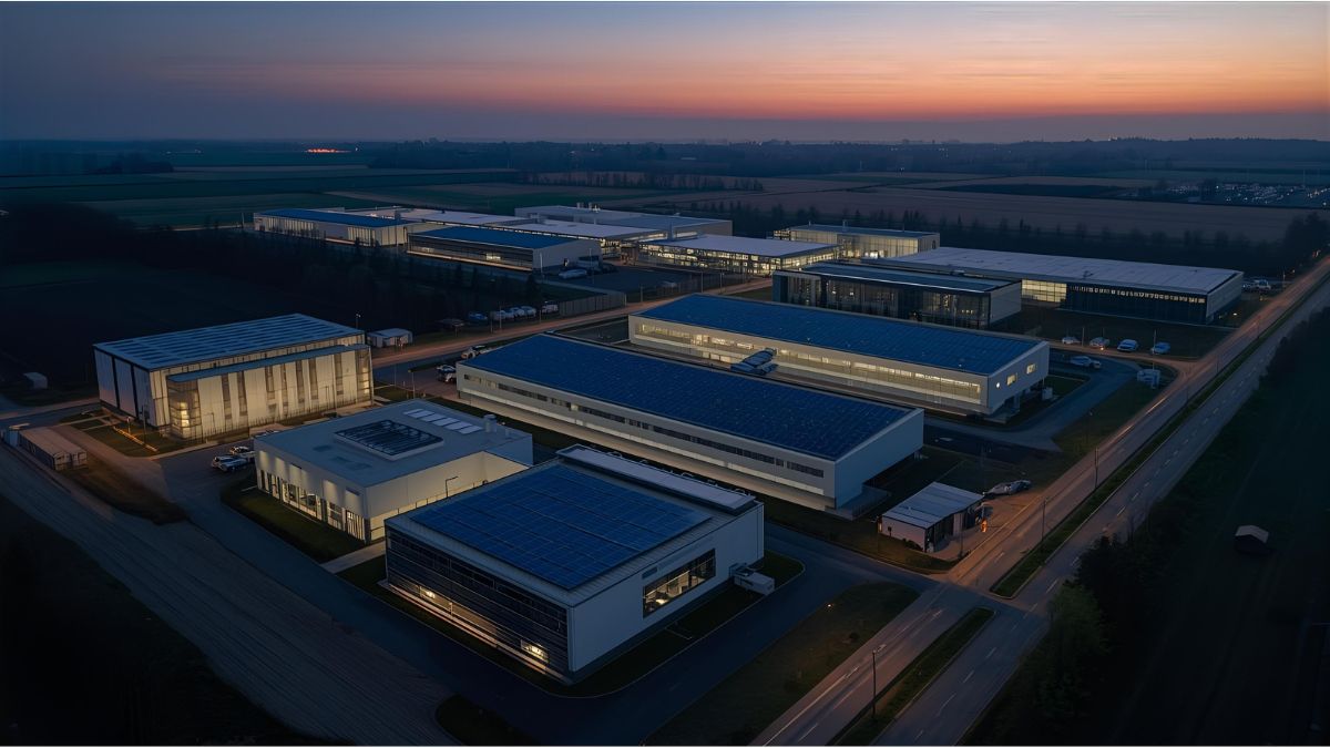 Concept image of a data centre with solar panels and cooling systems symbolising Google’s planned German investment.