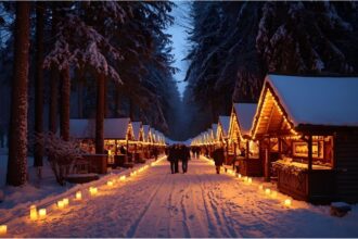 Visitors walking through the illuminated forest Christmas market in Halsbach
