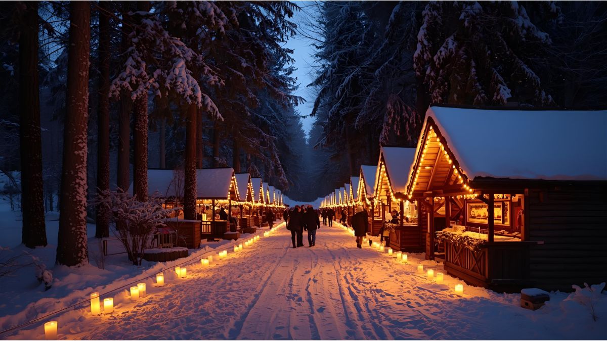 Visitors walking through the illuminated forest Christmas market in Halsbach