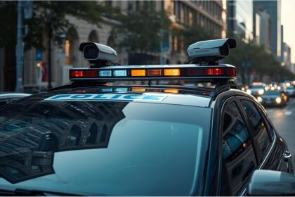 Scan car checking parked vehicles on a Mannheim city street