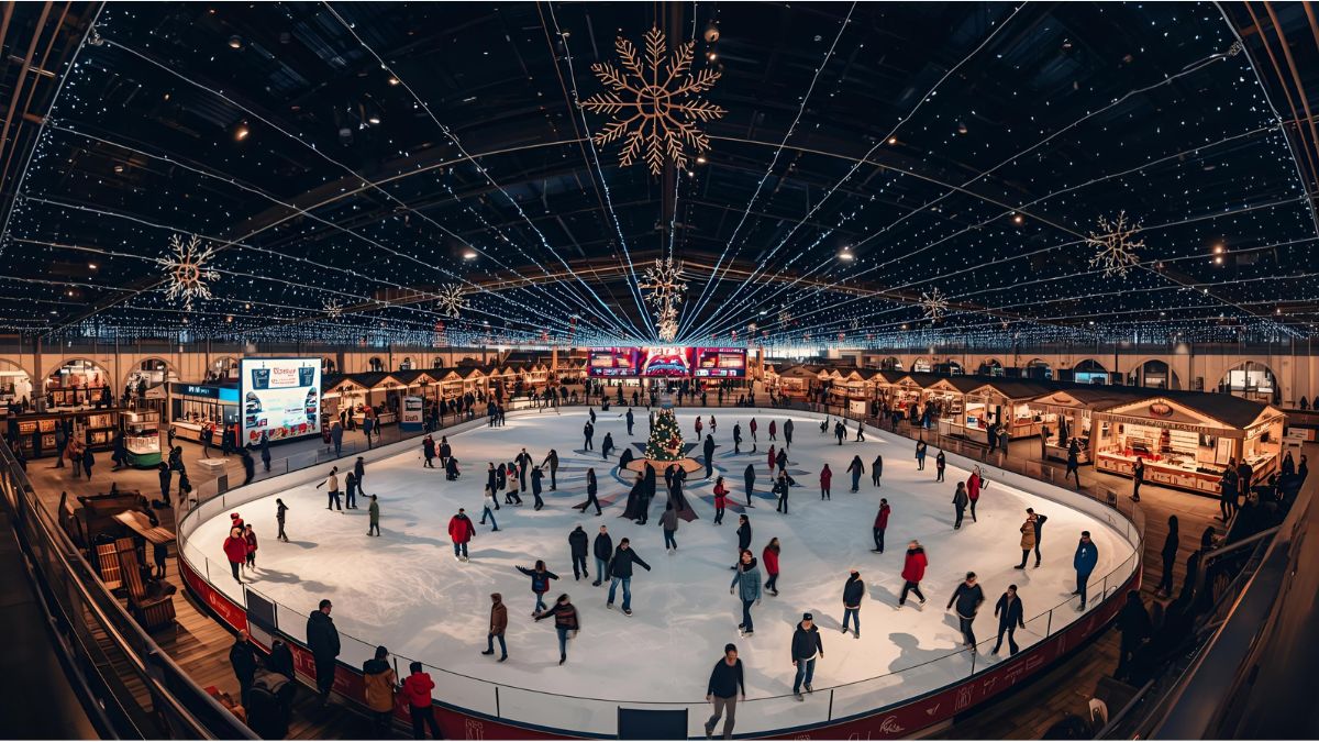 Visitors enjoy Munich Airport’s 25th Christmas market with an ice rink and festive lights under Europe’s largest covered plaza