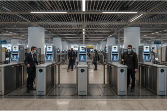 Passenger at Munich Airport using facial recognition as part of EU’s new Entry/Exit System.