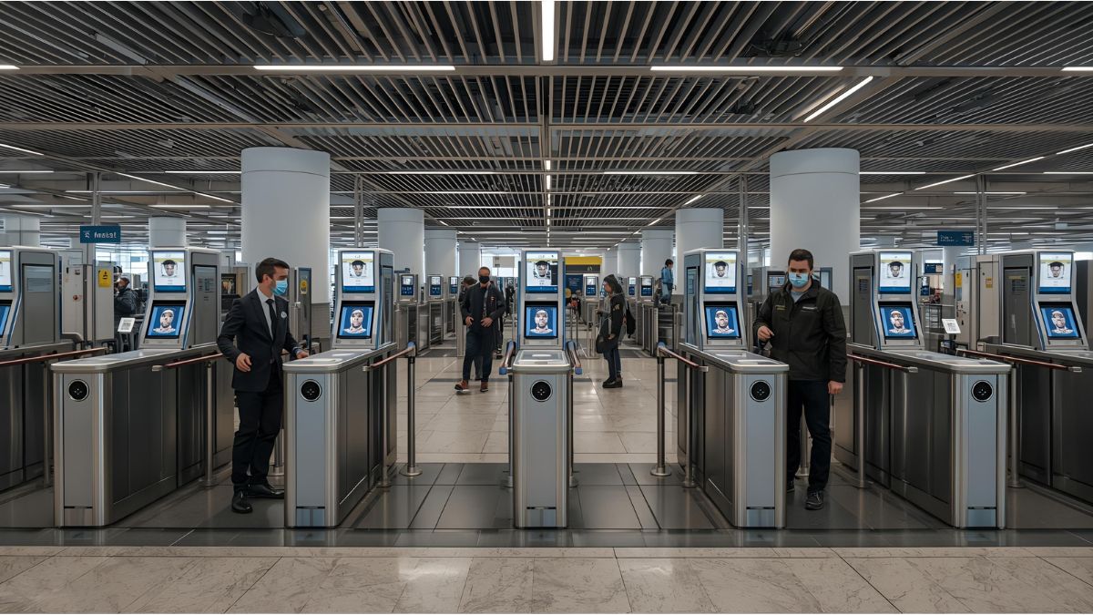 Passenger at Munich Airport using facial recognition as part of EU’s new Entry/Exit System.