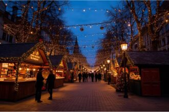 Christmas market in Munich with illuminated stalls and visitors enjoying the early festive season