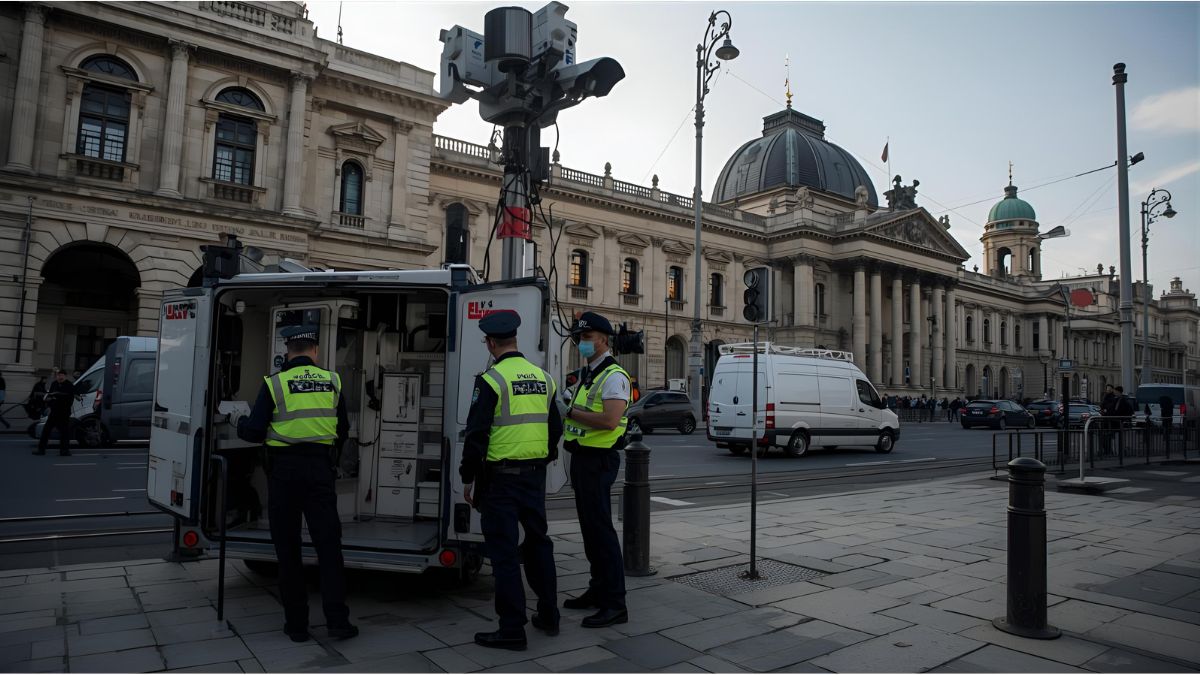 Mobile video tower operated by Munich Police near Hauptbahnhof to increase security