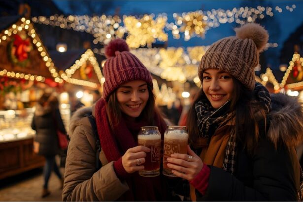 Couples enjoying mulled wine at a romantic Christmas market in Munich