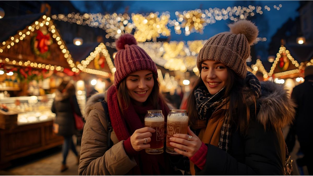 Couples enjoying mulled wine at a romantic Christmas market in Munich