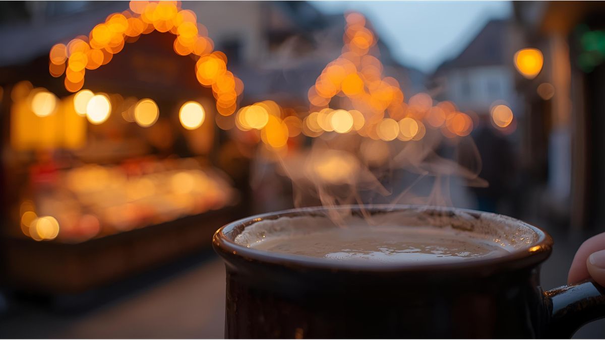 Steaming mug of Glühwein at Nuremberg’s Christkindlesmarkt with festive lights behind