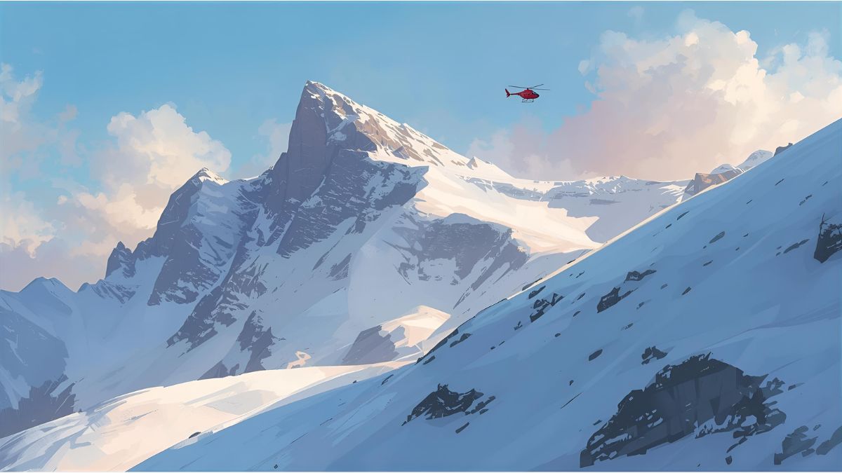 Rescue helicopter flying above a snowy mountain ridge in the Ortler Alps in South Tyrol