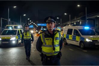 Emergency vehicles and police officers outside a railway station in England