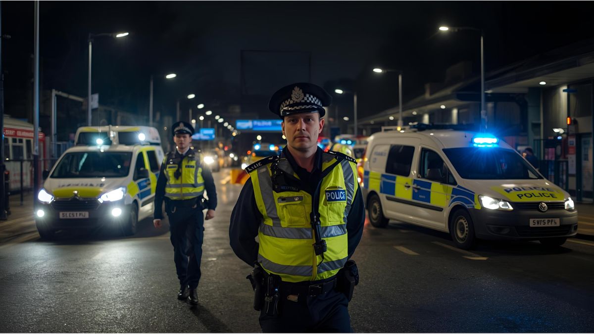 Emergency vehicles and police officers outside a railway station in England