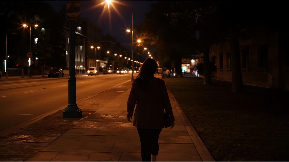 Woman walking alone on a quiet, dimly lit city street at night under streetlights