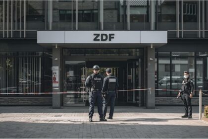 Police secure the ZDF capital studio in Berlin after a protest incident