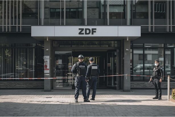 Police secure the ZDF capital studio in Berlin after a protest incident
