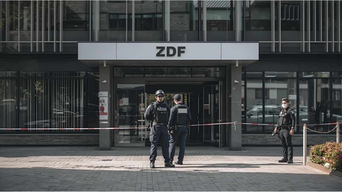 Police secure the ZDF capital studio in Berlin after a protest incident